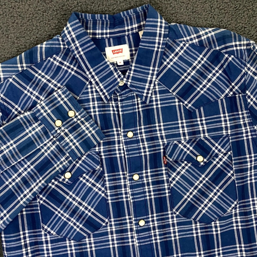 Levi's Western Shirt Mens Medium Blue Plaid Woven Cotton Lightweight Pearl Snap